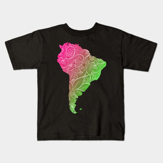 Colorful mandala art map of South America with text in pink and green Kids T-Shirt by Happy Citizen